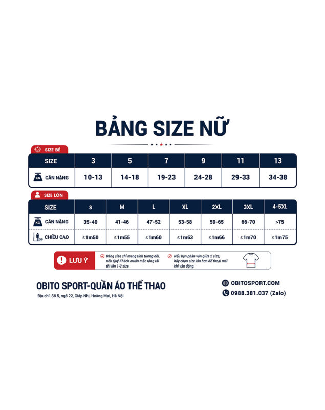 Bảng size nữ